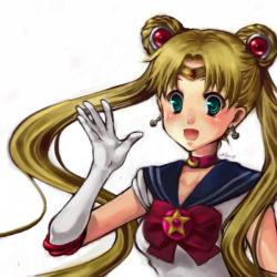 Rule 34 | 1990s (style), 1girl, aqua eyes, bishoujo senshi sailor moon, bishoujo senshi sailor moon r, blonde hair, blue sailor collar, blush, bow, brooch, choker, crescent moon, double bun, earrings, elbow gloves, gloves, hair bun, hair ornament, jewelry, jpeg artifacts, long hair, magical girl, moon, necklace, red bow, retro artstyle, ribbon, sailor collar, sailor moon, school uniform, simple background, solo, star (symbol), star brooch, tiara, tsukino usagi, twintails, waving, white background, white gloves