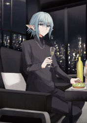 Rule 34 | 1boy, alcohol, armchair, black pants, black sweater, blue eyes, blue hair, chair, champagne, champagne bottle, champagne flute, closed mouth, cup, drinking glass, ear piercing, final fantasy, final fantasy xiv, hair between eyes, haurchefant greystone, highres, holding, holding cup, indoors, kinona, looking at viewer, male focus, night, night sky, on chair, pants, piercing, pillow, pointy ears, ribbed sweater, sitting, sky, smile, solo, sweater, turtleneck, turtleneck sweater, window