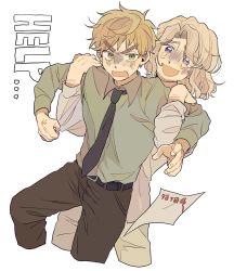 Rule 34 | 2boys, anger vein, arm grab, arm hair, axis powers hetalia, belt, black necktie, blonde hair, brown pants, collared shirt, crying, crying with eyes open, english text, facial hair, forced smile, france (hetalia), grabbing, grabbing from behind, green eyes, highres, looking at another, male focus, marriage certificate (object), medium hair, multiple boys, necktie, ninonuko, pants, purple eyes, shaded face, shirt, struggling, stubble, sweat, tears, thick eyebrows, united kingdom (hetalia), v-shaped eyebrows, wavy hair, yaoi