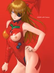 Rule 34 | 1girl, asymmetrical clothes, blue eyes, blush, bodysuit, breasts, character name, english text, evangelion: 2.0 you can (not) advance, evangelion: 3.0 you can (not) redo, eyepatch, hair ornament, hand on own hip, leotard, long hair, neon genesis evangelion, nipples, orange hair, plugsuit, polearm, rebuild of evangelion, red background, red bodysuit, simple background, solo, souryuu asuka langley, standing, watanabe yasuaki, weapon, wide hips