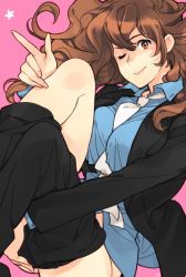 Rule 34 | 1girl, bad id, bad pixiv id, between breasts, breasts, brown eyes, brown hair, clothes pull, long hair, lupin iii, mine fujiko, necktie, one eye closed, pants, pants pull, solo, tms entertainment, toujou sakana, wink