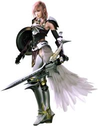Rule 34 | 3d, absurdres, armor, armpits, boots, breastplate, elbow gloves, feathers, final fantasy, final fantasy xiii, final fantasy xiii-2, gloves, gunblade, highres, lightning farron, long hair, official art, pink hair, shield, simple background, solo, sword, thighhighs, weapon