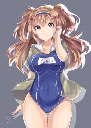 Rule 34 | 10s, 1girl, absurdres, breasts, hairband, highres, i-26 (kancolle), jacket, kantai collection, large breasts, light brown hair, long hair, long sleeves, low twintails, new school swimsuit, one-piece swimsuit, open clothes, school swimsuit, smile, solo, swimsuit, swimsuit under clothes, twintails, two-tone hairband, two side up, zhi zhi/zu zu