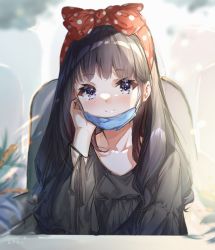 Rule 34 | 1girl, black dress, black hair, black ribbon, blurry, blurry background, blush, bow, closed mouth, collarbone, commentary request, dress, guzangnanfeng, hair bow, hairband, hand on own face, highres, long hair, long sleeves, looking at viewer, mask, mask pull, mouth mask, on chair, original, plant, polka dot, polka dot bow, polka dot hairband, potted plant, purple eyes, red bow, red hairband, ribbon, smile, solo, upper body, wrist ribbon