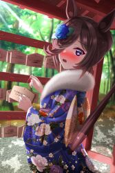 Rule 34 | 1girl, absurdres, alternate hairstyle, animal ears, blue flower, blue kimono, blue rose, blush, brown hair, commentary, day, ema, floral print, flower, from side, frown, fur scarf, hair over one eye, hair up, hat, hat flower, hatsumoude, highres, holding, horse ears, horse girl, horse tail, japanese clothes, kimono, long sleeves, looking at viewer, looking back, new year, obi, open mouth, outdoors, print kimono, purple eyes, rice shower (umamusume), rose, sash, short hair, solo, standing, sweatdrop, tail, translated, umamusume, yuashisu (kyoso)