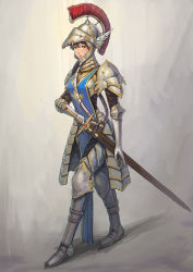 Rule 34 | 1girl, armor, armored boots, boots, full body, gauntlets, helmet, knight, looking at viewer, original, sheath, sheathed, shoulder armor, solo focus, sword, visor (armor), weapon, winged helmet