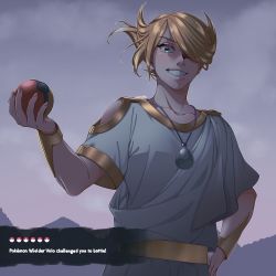 Rule 34 | 1boy, absurdres, ada devoda, blonde hair, character name, cloud, cloudy sky, collarbone, commentary, creatures (company), eyelashes, game freak, grey eyes, grey shirt, grin, hair over one eye, hand on own hip, hand up, highres, holding, holding poke ball, jewelry, looking at viewer, male focus, necklace, nintendo, outdoors, poke ball, poke ball (legends), poke ball symbol, pokemon, pokemon legends: arceus, shirt, short hair, short sleeves, sky, smile, solo, spoilers, volo (pokemon)