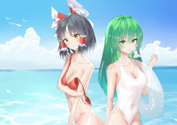 Rule 34 | 2girls, absurdres, bare shoulders, black hair, blue sky, bow, breasts, casual one-piece swimsuit, cleavage, cloud, collarbone, cowboy shot, day, green eyes, green hair, hair bow, hair ornament, hair tubes, hakurei reimu, highres, kochiya sanae, large breasts, light smile, long hair, looking at viewer, medium breasts, multiple girls, nekokatana catana, one-piece swimsuit, outdoors, red bow, sidelocks, sky, snake hair ornament, strap slip, swimsuit, touhou, water, white one-piece swimsuit