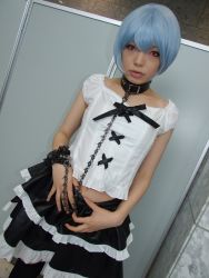 Rule 34 | 1girl, alternate costume, asian, ayanami rei, black skirt, black thighhighs, blue hair, breasts, collar, color contacts, cosplay, dutch angle, frilled skirt, frills, goth fashion, indoors, lace, leash, looking at viewer, makeup, mascara, midriff, miniskirt, namada, neon genesis evangelion, photo (medium), red eyes, short hair, skirt, small breasts, solo, standing, thighhighs