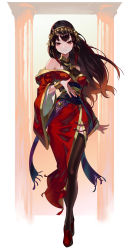 Rule 34 | 1girl, absurdres, bare shoulders, black hair, bracelet, breasts, brown hair, china dress, chinese clothes, commentary, copyright request, dress, earrings, english commentary, full body, gemi ningen, gradient hair, highres, jewelry, large breasts, looking at viewer, multicolored hair, necklace, novel illustration, official art, original, pillar, red eyes, red hair, sash, simple background, smile, solo, thighhighs