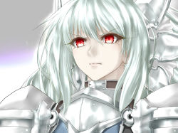 Rule 34 | 1girl, armor, breastplate, closed mouth, commentary request, eyelashes, frown, highres, minarai tenna, original, pauldrons, plate armor, red eyes, shoulder armor, silver hair, solo, v-shaped eyebrows