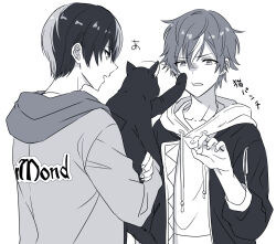 Rule 34 | 2boys, animal, aoyagi touya, black cat, cat, commentary, drawstring, earrings, fingernails, holding, holding animal, holding cat, hood, hood down, hoodie, jacket over hoodie, jewelry, long sleeves, looking at another, male focus, monochrome, multicolored hair, multiple boys, offtoon12, open mouth, project sekai, shinonome akito, simple background, sleeves past elbows, streaked hair, translation request, two-tone hair, upper body, white background