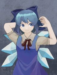 Rule 34 | 1girl, arm behind head, awk chan, blue bow, blue dress, blue eyes, blue hair, bow, breasts, cirno, closed mouth, dress, eyebrows hidden by hair, grey background, hair bow, hands up, highres, ice, ice wings, looking to the side, pinafore dress, red neckwear, red ribbon, ribbon, short hair, simple background, sleeveless dress, small breasts, smile, solo, touhou, upper body, wings