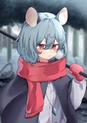 Rule 34 | 1girl, alternate costume, animal ears, blush, coat, crystal, forest, garasuno, gloves, grey hair, highres, jacket, jewelry, long sleeves, looking at viewer, mouse (animal), mouse ears, mouse girl, mouse tail, nature, nazrin, necklace, red eyes, scarf, shirt, short hair, solo, tail, touhou, white shirt, winter, winter clothes