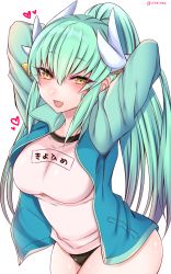 Rule 34 | 1girl, :d, arms behind head, bad id, bad pixiv id, blue hair, blush, breasts, buruma, fate/grand order, fate (series), gym uniform, heart, highres, horns, jacket, kiyohime (fate), long hair, looking at viewer, open mouth, ponytail, shisei (kyuushoku banchou), simple background, smile, solo, twitter username, very long hair, white background, yellow eyes
