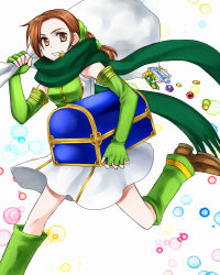 Rule 34 | 1girl, 74, bag, boots, brown eyes, brown hair, cath (fire emblem), coin, crystal, elbow gloves, fingerless gloves, fire emblem, fire emblem: the binding blade, gem, gloves, green footwear, green scarf, jewelry, mouth hold, necklace, nintendo, scarf, skirt, solo, treasure chest