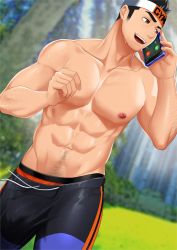 Rule 34 | 1boy, abs, bara, black hair, black shorts, blue leggings, bulge, calling, forest, gyee, gym shorts, headband, holding, holding phone, kashi kosugi, large pectorals, lee (gyee), leggings, long sideburns, male focus, male pubic hair, muscular, muscular male, nature, navel, navel hair, nipples, orange eyes, outdoors, paid reward available, pectorals, phone, pubic hair, pubic hair peek, shiny skin, short hair, shorts, sideburns, solo, stomach, sweat, talking on phone, thighs, tight clothes, topless male