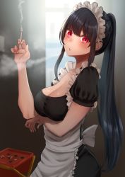 Rule 34 | 1girl, absurdres, apron, arm under breasts, between fingers, black hair, blowing smoke, breasts, cigarette, cleavage, frilled apron, frills, furune emu, highres, holding, holding cigarette, large breasts, long hair, looking at viewer, maid, maid headdress, original, ponytail, red eyes, smoke, smoking, solo, very long hair, white apron