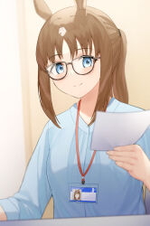 Rule 34 | 1girl, aged up, alternate costume, animal ears, bespectacled, blue eyes, blue shirt, brown hair, commentary, glasses, grass wonder (umamusume), highres, holding, holding paper, horse ears, horse girl, id card, long hair, long sleeves, looking at viewer, maaason, multicolored hair, name tag, office lady, paper, shirt, smile, solo, streaked hair, two-tone hair, umamusume, upper body, white hair