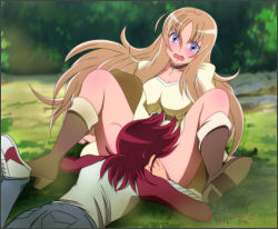 Rule 34 | 10s, 1boy, 1girl, accident, accidental cunnilingus, accidental pervert, aquila yuna, belt, blonde hair, blue eyes, blush, boots, breasts, choker, cleavage, clothes lift, collar, cunnilingus, dress, dress lift, face in crotch, feet, forest, grass, hetero, highres, large breasts, legs, long hair, looking down, nature, open mouth, oral, pegasus koga, red hair, saint seiya, saint seiya omega, sexually suggestive, shoes, short hair, sitting, sneakers, spread legs, surprised, sweatdrop, thighs, tree, yadokari genpachirou