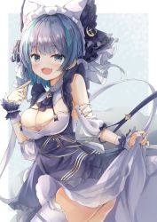 Rule 34 | 1girl, :d, aqua hair, azur lane, black dress, blue eyes, breasts, cheshire (azur lane), cleavage, clothes lift, commentary request, dress, dress lift, fang, large breasts, lifting own clothes, looking at viewer, madotsukumo, maid, maid headdress, multicolored hair, open mouth, purple hair, skin fang, smile, solo, standing, thighhighs, thighs, two-tone hair, white thighhighs, wrist cuffs