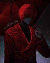 1boy absurdres black_background coat dilated_pupils gradient_background highres holding holding_umbrella homicipher looking_at_viewer male_focus mr._scarletella red_coat red_eyes red_hair red_umbrella short_hair smile solo umbrella umbrella_over_shoulder upper_body yanhua_sama