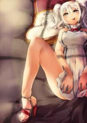 Rule 34 | 10s, 1girl, :p, absurdres, adapted costume, armadillo-tokage, bad id, bad twitter id, blue eyes, blush, breasts, covered navel, dress, feet, high heels, highres, kantai collection, kashima (kancolle), knees up, large breasts, looking at viewer, lying, nail polish, on back, toeless footwear, red nails, sandals, shoes, silver hair, sleeveless, sleeveless dress, solo, toes, tongue, tongue out, twintails