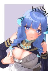 Rule 34 | 1girl, blue eyes, blue fire, blue hair, breasts, cleavage cutout, clothes pull, clothing cutout, crown, detached sleeves, drill hair, drill sidelocks, dullahan, fiery hair, fire, glowing horns, highres, horns, kiaoekakishitai, large breasts, prism project, rikudou yura, shirt pull, sidelocks, solo, symbol-shaped pupils, tongue, tongue out, virtual youtuber, x-shaped pupils, x x