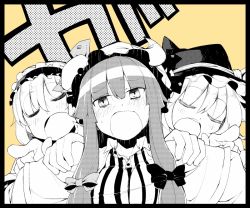 Rule 34 | 3girls, alice margatroid, blush, bow, capelet, crescent, closed eyes, female focus, hairband, hand on shoulder, hat, hat bow, hokuto (scichil), kirisame marisa, long hair, monochrome, multiple girls, open mouth, patchouli knowledge, pointing, ribbon, short hair, touhou, upper body, witch, witch hat