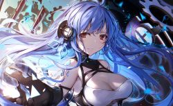 Rule 34 | 1girl, azur lane, bare shoulders, black gloves, blue hair, breasts, clothing cutout, dress, elbow gloves, expressionless, gears, gloves, heaven&#039;s melody, helena (azur lane), helena (meta) (azur lane), highres, long hair, looking at viewer, medium breasts, red eyes, rigging, searchlight, side cutout, skindentation, sleeveless, sleeveless dress, smile, solo, upper body, waist cape, white dress