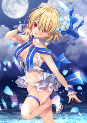 Rule 34 | 1girl, archetype earth, arcueid brunestud, bare shoulders, bikini, blonde hair, blush, breasts, cleavage, fate/grand order, fate (series), flower, full moon, hair flower, hair ornament, highres, ko yu, large breasts, looking at viewer, moon, navel, night, night sky, open mouth, red eyes, sandals, short hair, sky, solo, swimsuit, thighs, tsukihime, white bikini