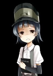 Rule 34 | 1girl, arare (kancolle), arm warmers, bad id, bad twitter id, black background, black hair, blunt bangs, brown eyes, clenched teeth, collared shirt, commentary request, death note, death note (object), green hat, hat, kantai collection, kurona, looking at viewer, notebook, one-hour drawing challenge, shirt, short hair, short sleeves, simple background, skirt, solo, suspender skirt, suspenders, teeth, upper body, white shirt