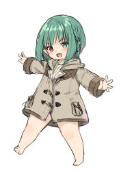 Rule 34 | 1girl, :d, barefoot, blush, braid, brown coat, coat, commentary request, duffel coat, final fantasy, final fantasy xiv, full body, green eyes, green hair, head tilt, heterochromia, lalafell, looking at viewer, midorikawa you, open mouth, outstretched arms, pointy ears, red eyes, simple background, smile, solo, standing, standing on one leg, white background