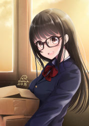 Rule 34 | 1girl, :d, blue jacket, blush, bow, bowtie, box, brown-framed eyewear, brown eyes, brown hair, cardboard box, cloud, collared shirt, commentary request, dated, from side, glasses, indoors, jacket, light particles, long hair, long sleeves, looking at viewer, looking to the side, nekobaka, open mouth, original, red bow, red bowtie, round teeth, school uniform, shirt, signature, sky, smile, solo, teeth, twitter username, upper body, white shirt, window, wing collar