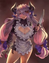 Rule 34 | 1girl, apron, batter, black sweater, blue eyes, blush, bow, braid, breasts, cleavage, cleavage cutout, clothing cutout, draph, eu03, french braid, frills, granblue fantasy, hair bow, hair over one eye, heart cutout, hip focus, horns, huge breasts, knife, light purple hair, long hair, looking at viewer, low tied hair, narmaya (granblue fantasy), narmaya (valentine) (granblue fantasy), open mouth, pointy ears, ribbed sweater, smile, solo, sweater, thighs, turtleneck, turtleneck sweater, twintails, whisk, yandere
