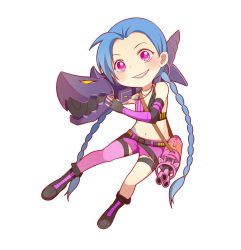 Rule 34 | 1girl, blue hair, boots, braid, chibi, gloves, jinx (league of legends), league of legends, long hair, pink eyes, smile, tattoo, thighhighs, twin braids, weapon