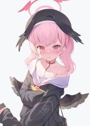 Rule 34 | 1girl, absurdres, bare shoulders, beret, black hat, black wings, blue archive, blush, closed mouth, collarbone, cowboy shot, dot nose, feathered wings, grey background, halo, hana mori, has bad revision, has downscaled revision, hat, highres, koharu (blue archive), long sleeves, looking at viewer, looking to the side, low wings, md5 mismatch, neckerchief, off shoulder, pink eyes, pink hair, pink neckerchief, resolution mismatch, sailor collar, school uniform, shirt, short hair, simple background, solo, source smaller, twintails, wavy mouth, white background, white sailor collar, winged hat, wings