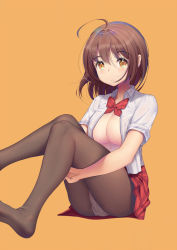 Rule 34 | 1girl, ahoge, backlighting, black pantyhose, blush, bow, breasts, brown hair, cleavage, closed mouth, collared shirt, frown, hugging own legs, knees up, large breasts, lens flare, looking at viewer, miniskirt, no bra, no pupils, no shoes, open clothes, open shirt, orange background, original, panties, panties under pantyhose, pantyhose, pantyshot, plaid, plaid skirt, red bow, red neckwear, red skirt, school uniform, shirt, short hair, short sleeves, simple background, sitting, skirt, solo, tareme, underwear, upskirt, white panties, white shirt, wing collar, xiaosan ye