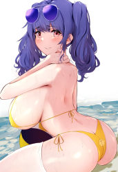 Rule 34 | 1girl, ass, azur lane, back, bare shoulders, bikini, blush, breasts, butt crack, eyewear on head, highres, itete, large breasts, long hair, looking at viewer, official alternate costume, pola (azur lane), pola (seaside coincidence) (azur lane), smile, solo, string bikini, swimsuit, thighhighs, thighs, wet, white thighhighs, yellow bikini