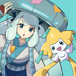 Rule 34 | 1girl, :o, blue skirt, blush, commentary request, creatures (company), enuenu 385, eyelashes, game freak, gen 3 pokemon, glint, green background, green eyes, hand on headwear, hand up, hat, hatsune miku, japanese clothes, jirachi, kimono, large hat, leaning to the side, legendary pokemon, long hair, looking at viewer, mythical pokemon, nintendo, open mouth, pokemon, pokemon (creature), project voltage, simple background, skirt, steel miku (project voltage), vocaloid