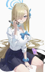 Rule 34 | 1girl, :d, absurdres, arm support, asuna (blue archive), bag, black choker, black skirt, blue archive, blue bow, blue bowtie, blue eyes, bottle, bow, bowtie, choker, collarbone, collared shirt, commentary request, hair ornament, hair over one eye, hair scrunchie, halo, haniwa (statue), highres, holding, holding bottle, li-mi, light brown hair, long bangs, long hair, long sleeves, looking at viewer, open mouth, parted bangs, pleated skirt, ramune, school bag, school uniform, scrunchie, shirt, sidelocks, simple background, sitting, skirt, sleeves rolled up, smile, solo, water bottle, white background, white shirt