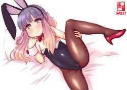 Rule 34 | 1girl, animal ears, bed, black leotard, black pantyhose, bow, bowtie, commentary request, dated, detached collar, fake animal ears, gradient hair, highres, kanon (kurogane knights), kantai collection, leotard, looking at viewer, lying, multicolored hair, on side, orange hair, pantyhose, pillow, playboy bunny, purple eyes, purple hair, rabbit ears, rabbit tail, red bow, red bowtie, short hair, sidelocks, solo, spread legs, strapless, strapless leotard, tail, tsushima (kancolle), wrist cuffs