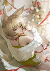 Rule 34 | 1girl, absurdres, animal ear fluff, animal ears, arknights, bare shoulders, barefoot, beanstalk (arknights), beanstalk (gift uncompleted) (arknights), blurry, blurry background, braid, brown hair, christmas tree, closed mouth, commentary, depth of field, dress, from behind, green dress, hair over shoulder, highres, kioroshin, kneehighs, long hair, long sleeves, looking at viewer, looking back, off-shoulder sweater, off shoulder, official alternate costume, red eyes, short dress, signature, single braid, single kneehigh, single sock, sitting, smile, socks, solo, sweater, symbol-only commentary, white socks, white sweater