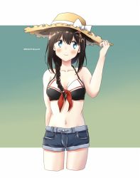 Rule 34 | 1girl, ahoge, any (lucky denver mint), bikini, bikini top only, black bikini, black hair, black shorts, blue eyes, braid, collarbone, commentary request, cowboy shot, cropped legs, dated, denim, denim shorts, hair flaps, hair ornament, hair over shoulder, hat, highres, kantai collection, looking at viewer, navel, shigure (kancolle), shigure kai ni (kancolle), shorts, single braid, smile, solo, standing, straw hat, sun hat, swimsuit, twitter username