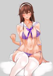 Rule 34 | 10s, 1girl, ashigara (kancolle), baron (nsbaron), blush, breasts, brown eyes, brown hair, cleavage, dress, hairband, highres, kantai collection, large breasts, long hair, looking at viewer, navel, parted lips, sailor dress, see-through, sitting, solo, thighhighs, white thighhighs