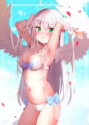 Rule 34 | 1girl, ahoge, angel wings, armpits, arms up, bare shoulders, bikini, breasts, cleavage, cowboy shot, criss-cross halter, feathered wings, front-tie bikini top, front-tie top, green eyes, halo, halterneck, head wings, highres, jewelry, long hair, looking at viewer, medium breasts, navel, necklace, original, sana hamada, side-tie bikini bottom, silver hair, smile, solo, stomach, swimsuit, thighs, white bikini, wings