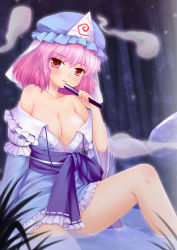 Rule 34 | 1girl, absurdres, bamboo, bare legs, bare shoulders, blush, breasts, cleavage, folded fan, collarbone, hand fan, female focus, folding fan, hat, highres, hitodama, no panties, off shoulder, pink hair, red eyes, saigyouji yuyuko, short hair, solo, touhou, water, wolflong