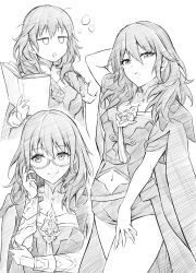 Rule 34 | 1girl, arm behind head, bespectacled, book, breasts, bustier, byleth (female) (fire emblem), byleth (fire emblem), coat, expressions, fire emblem, fire emblem: three houses, glasses, greyscale, holding, holding book, long hair, medium breasts, medium hair, midriff, monochrome, multiple views, navel, nintendo, open book, shorts, simple background, smile, ten (tenchan man), traditional media, white background
