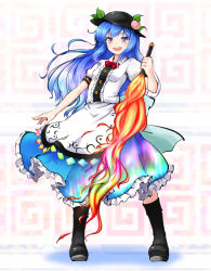 Rule 34 | &gt;:d, 1girl, :d, blouse, blue hair, blue skirt, boots, bow, bowtie, breasts, dress, food, food on head, fruit, fruit on head, hat, highres, hinanawi tenshi, huyusilver, knee boots, layered dress, long hair, object on head, open mouth, peach, puffy short sleeves, puffy sleeves, reverse grip, shirt, short sleeves, skirt, small breasts, smile, solo, sword of hisou, touhou, tsurime, v-shaped eyebrows, white shirt