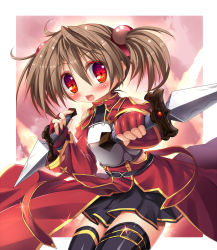 Rule 34 | 10s, 1girl, :d, armor, bad id, bad pixiv id, black thighhighs, breastplate, brown hair, dagger, dual wielding, highres, holding, knife, nail polish, open mouth, short twintails, silica, skirt, smile, sword art online, thighhighs, tinkvov, twintails, weapon